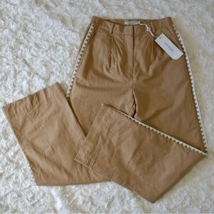 Mon Renn Tan Wide Leg Pants Elastic Waist White Embroidered Side Trim  Small NWT